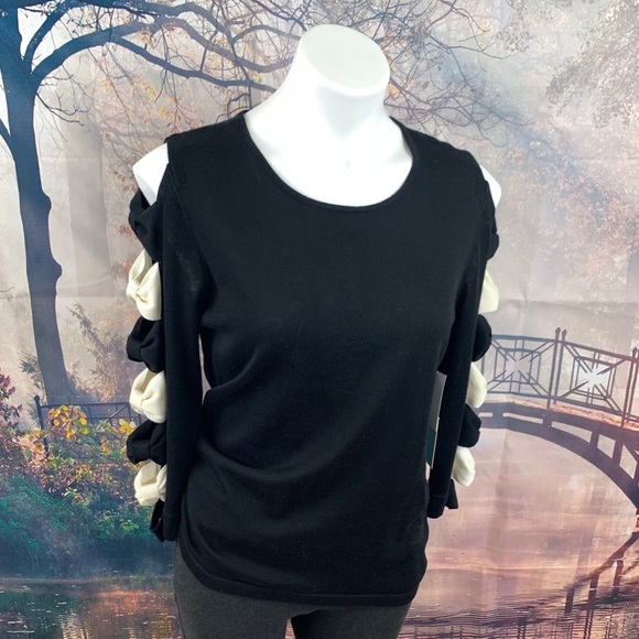 CeCe Black Cold Shoulder Bow Sleeve Sweater - Picture 6 of 10